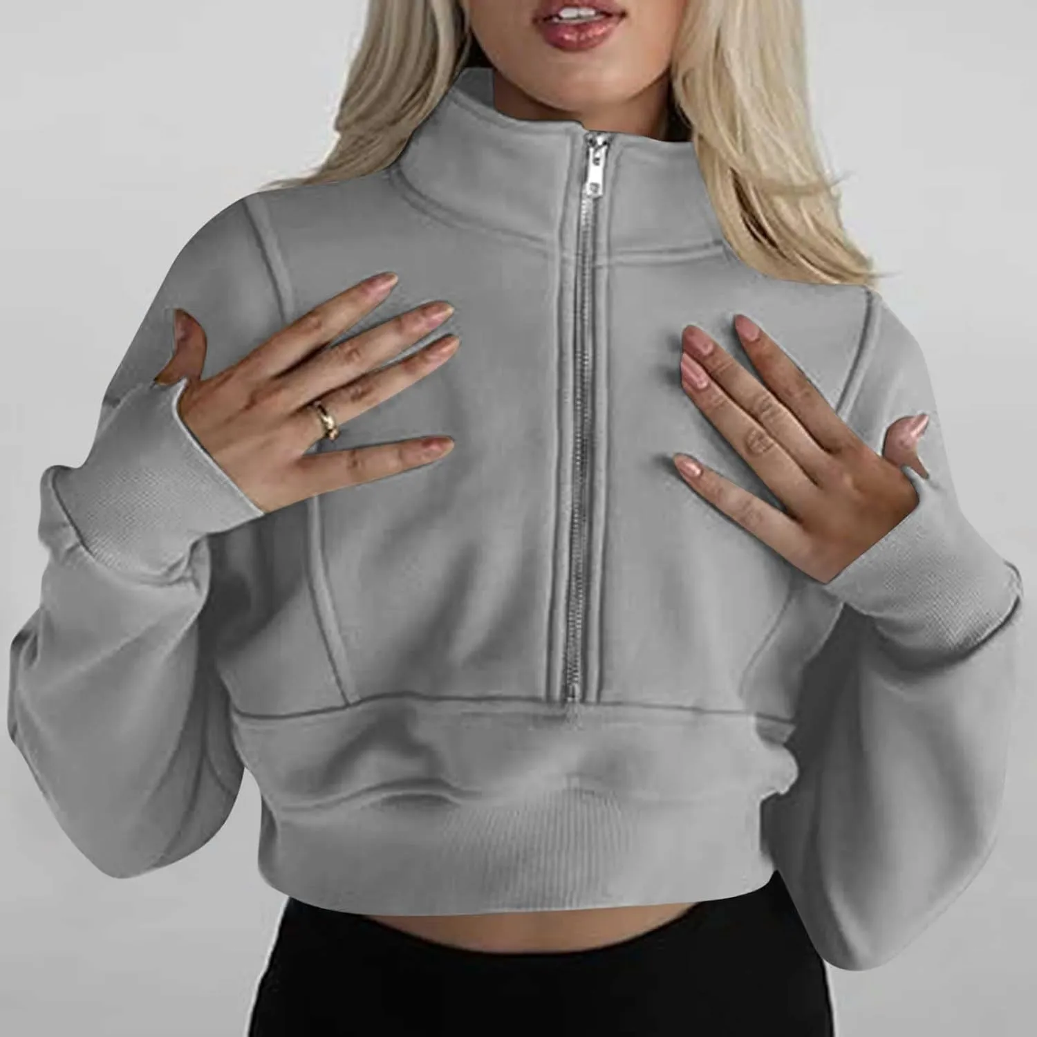 Women's Half Zipper Cropped Sweatshirts Hoodies,Casual V Neck Long Sleeve Pullover Tunic Comfy Basic Tops