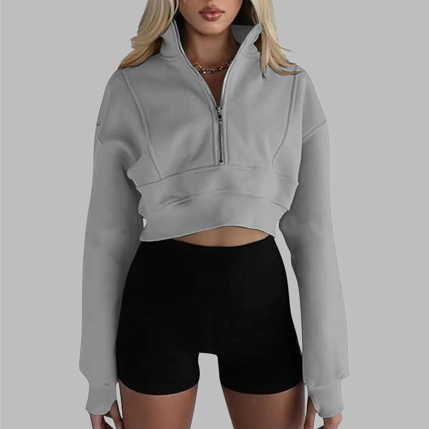 Women's Half Zipper Cropped Sweatshirts Hoodies,Casual V Neck Long Sleeve Pullover Tunic Comfy Basic Tops