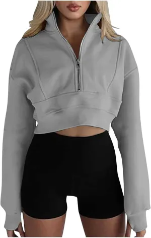 Women's Half Zipper Cropped Sweatshirts Hoodies,Casual V Neck Long Sleeve Pullover Tunic Comfy Basic Tops
