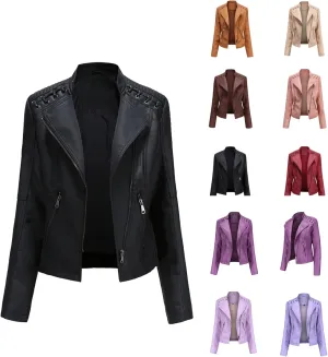 Women's Leather Jackets, Slim Motorcycle Moto Biker Coat Short Pleather Jacket