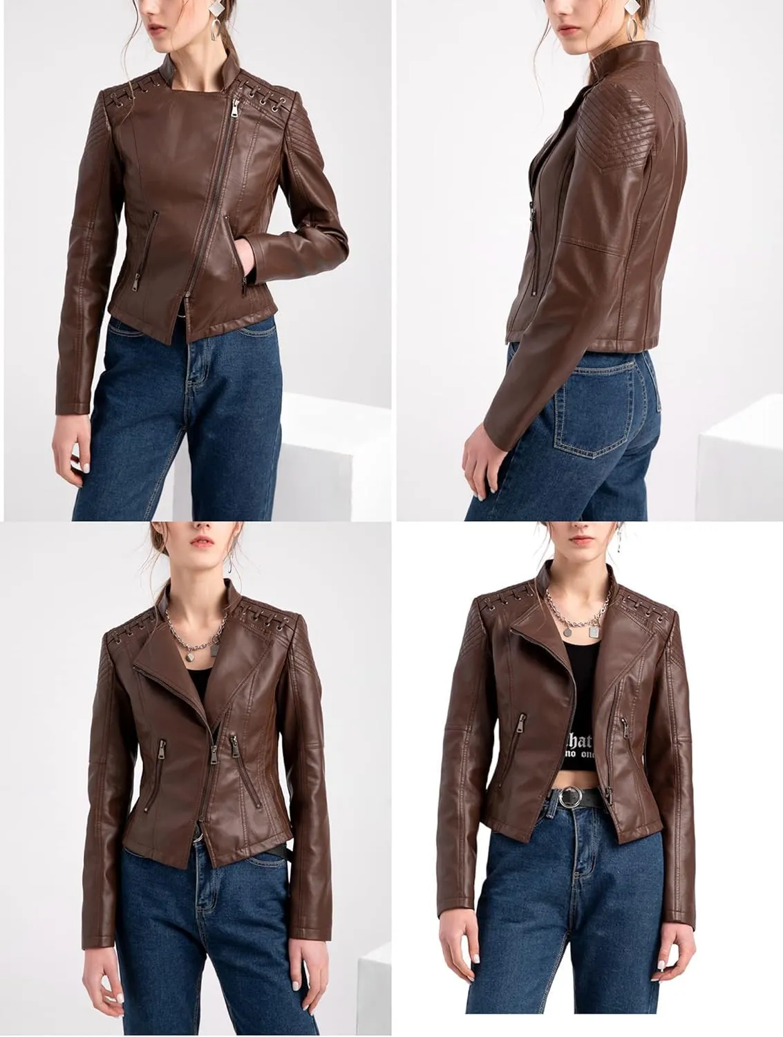 Women's Leather Jackets, Slim Motorcycle Moto Biker Coat Short Pleather Jacket