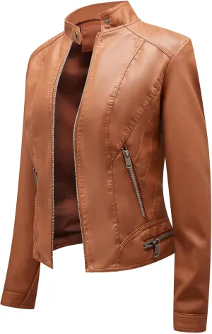 Women's Leather Racer Jacket, Faux Leather Casual Short Jacket Fashion Moto Biker Leather Outwear Coat
