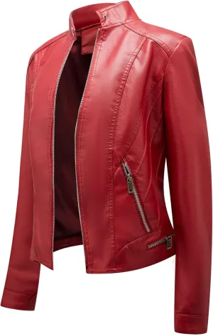 Women's Leather Racer Jacket, Faux Leather Casual Short Jacket Fashion Moto Biker Leather Outwear Coat