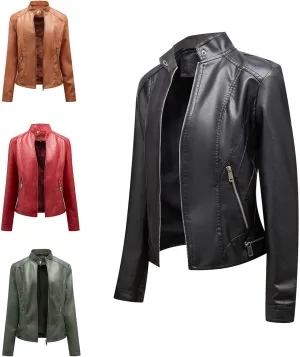 Women's Leather Racer Jacket, Faux Leather Casual Short Jacket Fashion Moto Biker Leather Outwear Coat