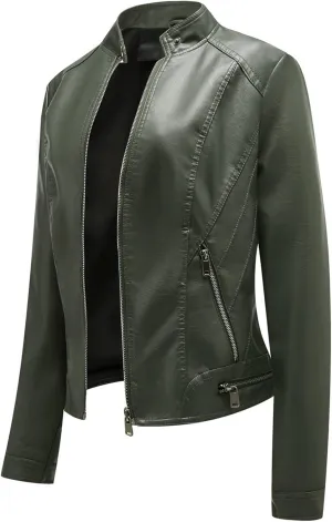 Women's Leather Racer Jacket, Faux Leather Casual Short Jacket Fashion Moto Biker Leather Outwear Coat