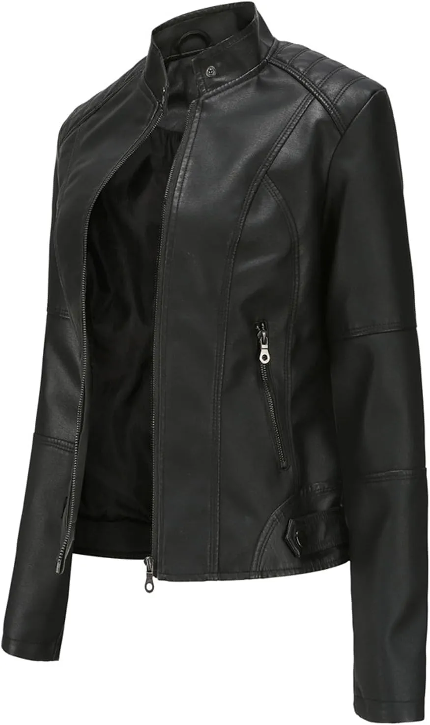 Women's Long Sleeve Motorcycle Jacket Faux PU Slim Fit Zip Up Moto Biker Cropped Outerwear Jackets