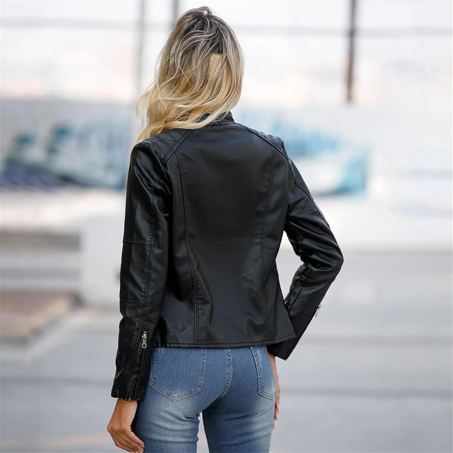 Women's Long Sleeve Motorcycle Jacket Faux PU Slim Fit Zip Up Moto Biker Cropped Outerwear Jackets