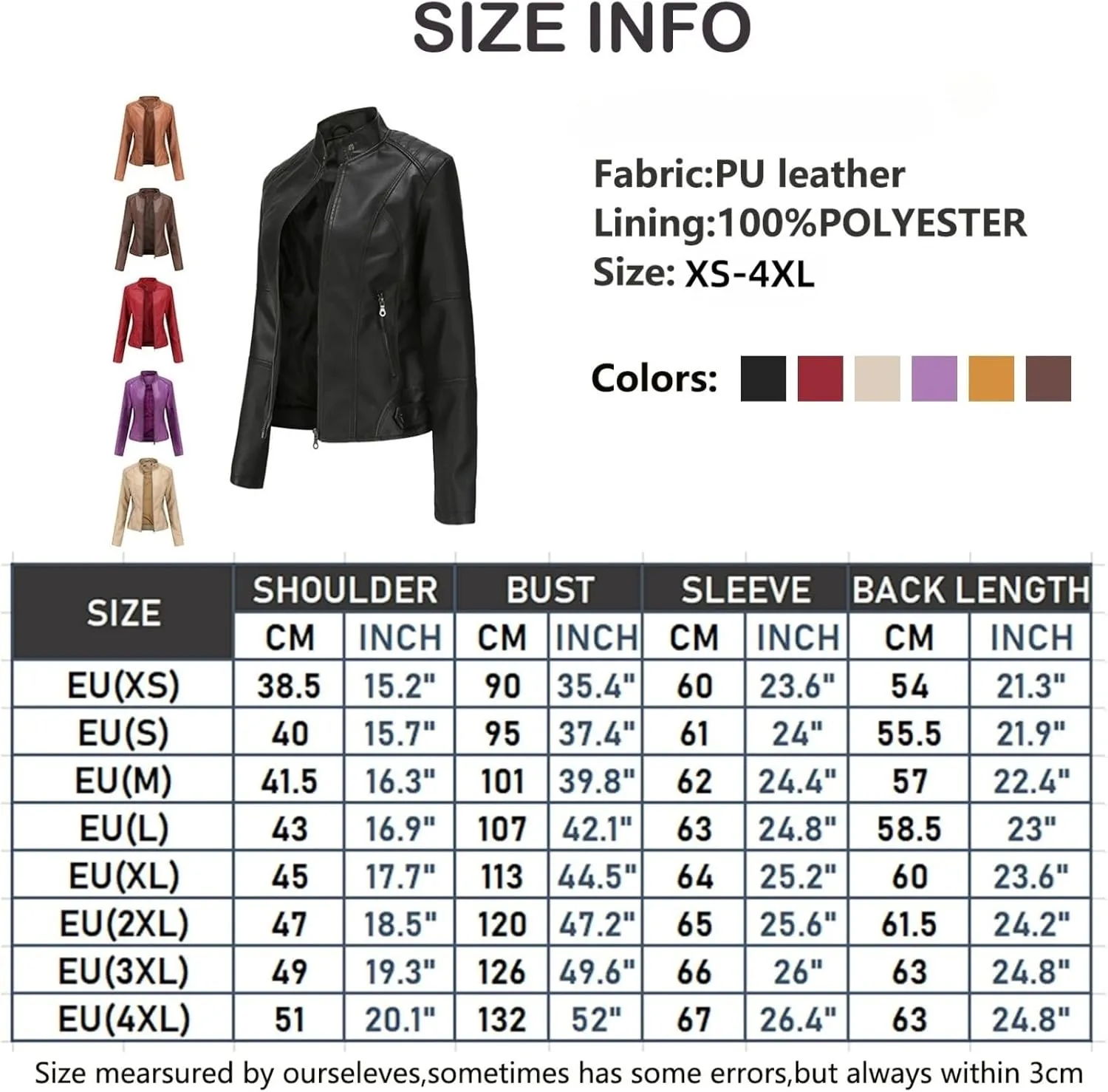 Women's Long Sleeve Motorcycle Jacket Faux PU Slim Fit Zip Up Moto Biker Cropped Outerwear Jackets