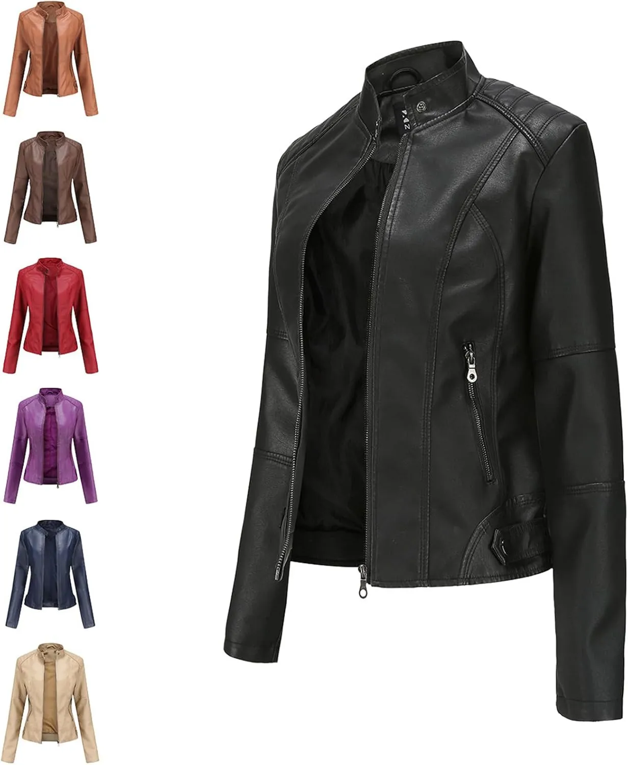 Women's Long Sleeve Motorcycle Jacket Faux PU Slim Fit Zip Up Moto Biker Cropped Outerwear Jackets