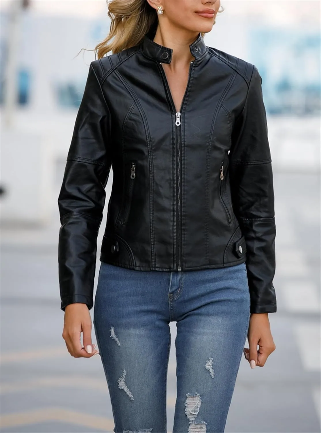 Women's Long Sleeve Motorcycle Jacket Faux PU Slim Fit Zip Up Moto Biker Cropped Outerwear Jackets