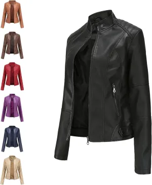 Women's Long Sleeve Motorcycle Jacket Faux PU Slim Fit Zip Up Moto Biker Cropped Outerwear Jackets