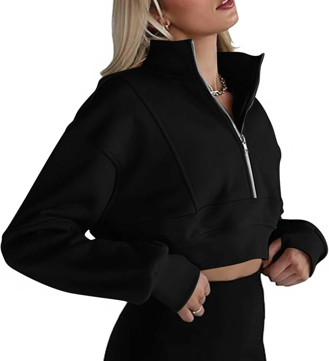 Womens Oversized Half Zipper Cropped Hoodies Sweatshirts Pullover,Long Sleeve V Neck Casual Lucky Tunic Comfy Tops