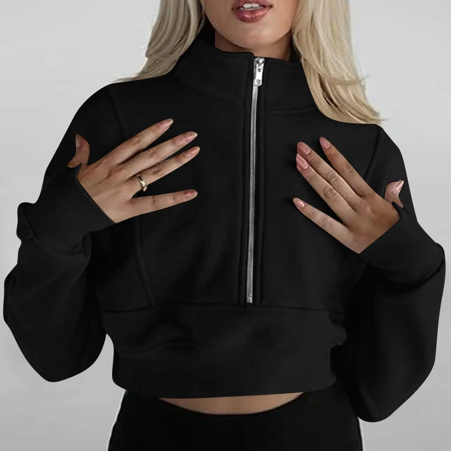 Womens Oversized Half Zipper Cropped Hoodies Sweatshirts Pullover,Long Sleeve V Neck Casual Lucky Tunic Comfy Tops