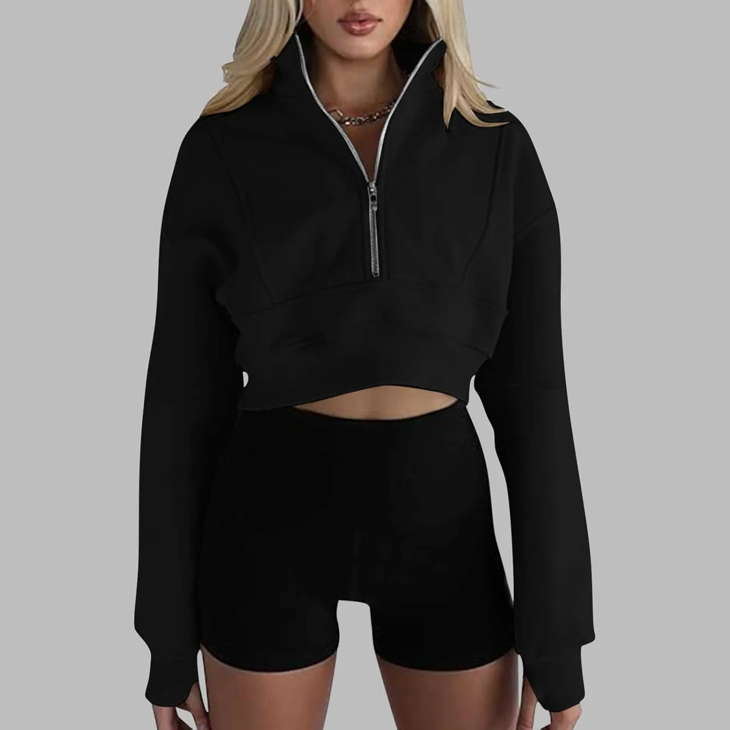 Womens Oversized Half Zipper Cropped Hoodies Sweatshirts Pullover,Long Sleeve V Neck Casual Lucky Tunic Comfy Tops