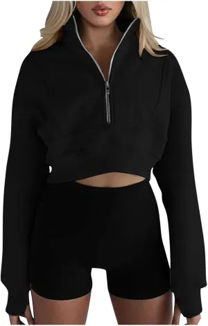 Womens Oversized Half Zipper Cropped Hoodies Sweatshirts Pullover,Long Sleeve V Neck Casual Lucky Tunic Comfy Tops