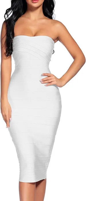 Women's Strapless Bandage Dress Celebrity Midi Evening Party Bodycon Dresses