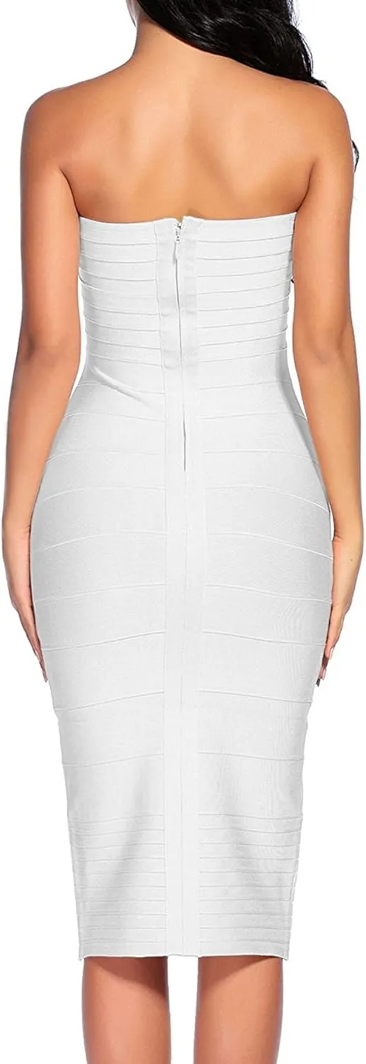 Women's Strapless Bandage Dress Celebrity Midi Evening Party Bodycon Dresses