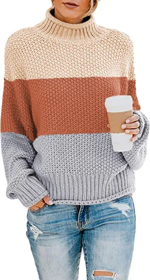 Womens Turtleneck Cable Knit Ribbed Sweaters Long Sleeve Solid Color Pullover Color Block Cowl Neck Loose Jumper Tops (Brown,L)