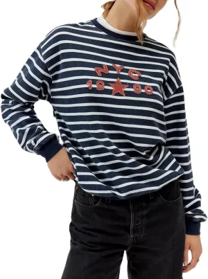Y2k Oversized Sweatshirt for Women Vintage Star Graphic Hoodies Tops Crew Neck Striped Aesthetic Pullover Sweater