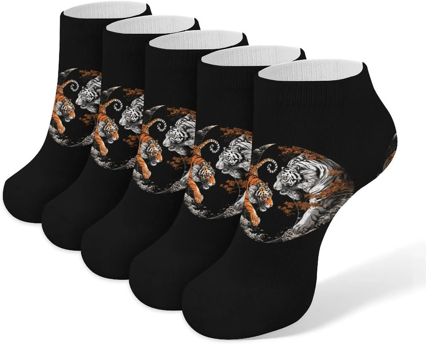 Yin and Yang Orange Tiger White 5 Pairs Low Cut Ankle Socks for Men Women Athletic Running Socks No Show Breathable