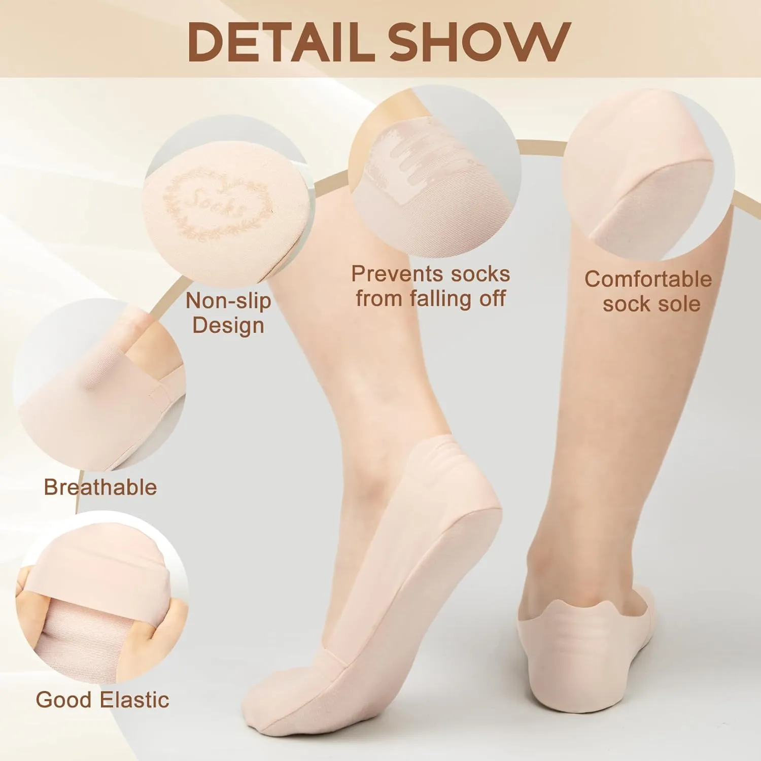 YSense Womens Thin No Show Socks for Flats Heels 6 Pairs, Low Cut Liner Silicone Non Slip Invisible Socks for Women