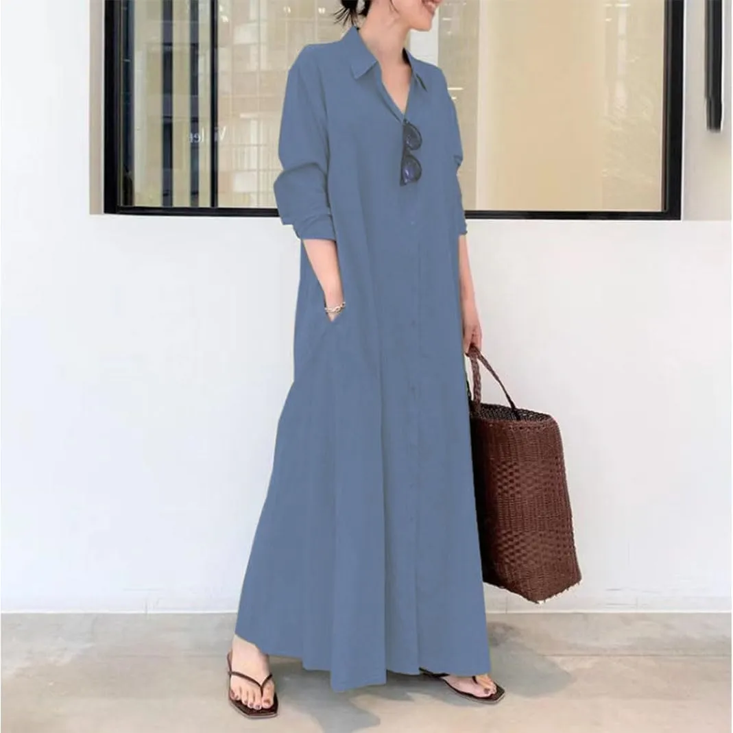 ZOCAVIA Women's Casual Cotton Linen Shirt Dress Polo Neck Long Sleeve Button-End Basic Loose Fit Dress with Pockets