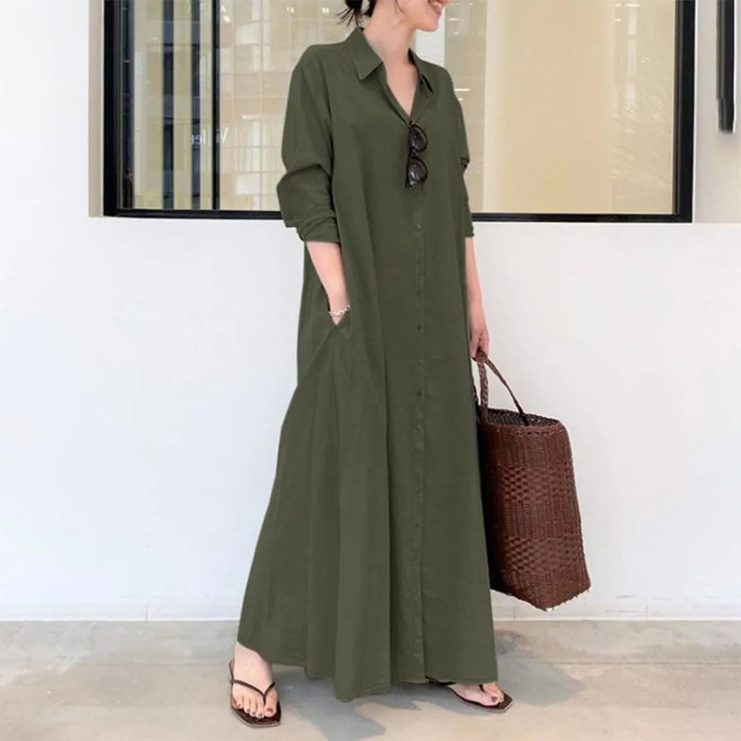 ZOCAVIA Women's Casual Cotton Linen Shirt Dress Polo Neck Long Sleeve Button-End Basic Loose Fit Dress with Pockets
